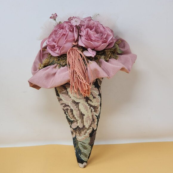 Vintage Musical Floral Tapestry Wall Cone With Pink Fabric Roses & Tassel Decor - Picture 1 of 9